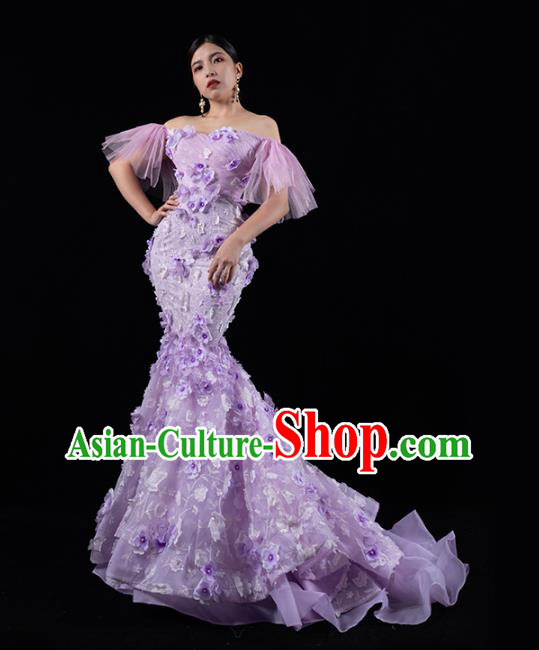 Top Grade Stage Show Clothing Annual Meeting Off Shoulder Full Dress Catwalks Compere Purple Trailing Dress