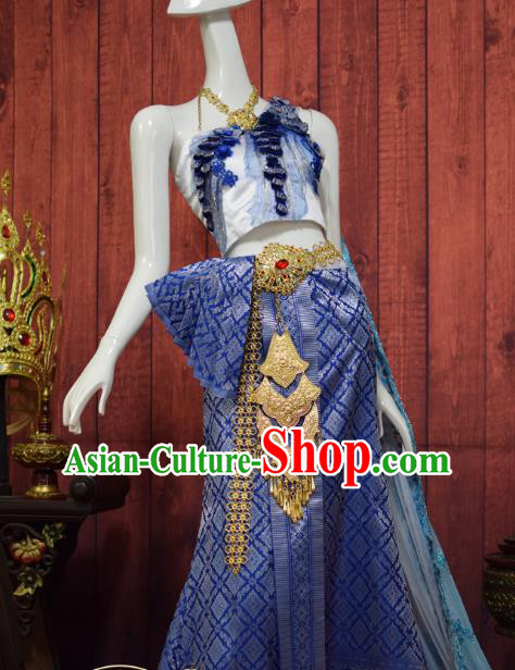 Traditional Thailand Embroidery Top and Royalblue Brocade Skirt Dress Clothing Asian Thai Court Concubine Uniforms