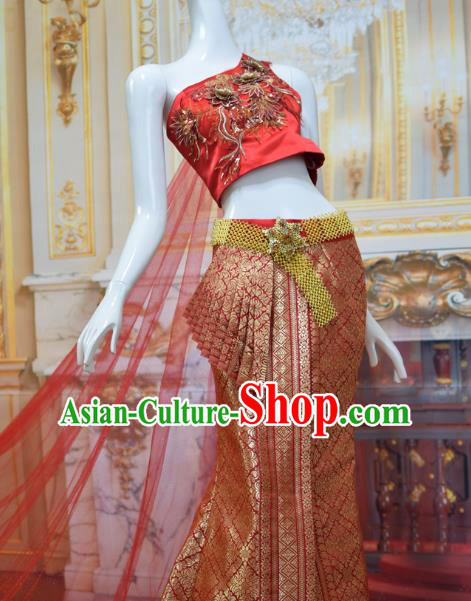Asian Thai Court Concubine Uniforms Thailand Embroidery Red Top and Brocade Skirt Traditional Dress Clothing