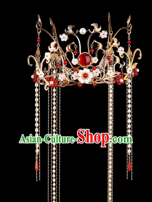 China Traditional Wedding Xiuhe Suit Headdress Ancient Bride Pearls Tassel Hair Crown