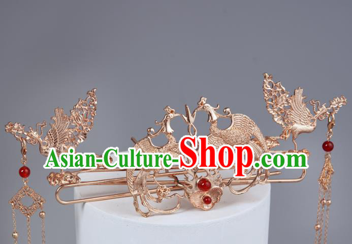 China Ancient Princess Hair Crown and Golden Phoenix Hairpins Traditional Wedding Hair Accessories