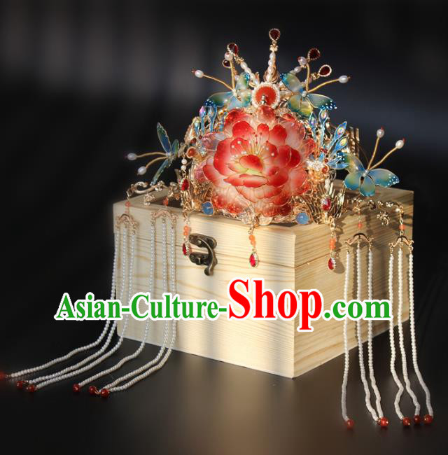 China Traditional Song Dynasty Court Headdress Handmade Ancient Imperial Concubine Red Peony Hair Crown