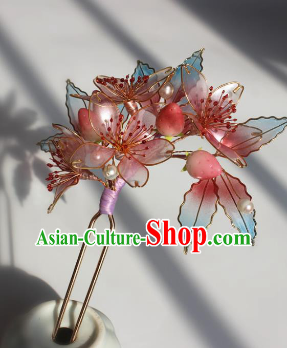 China Traditional Ming Dynasty Court Lady Hair Stick Ancient Princess Pink Flowers Hairpin
