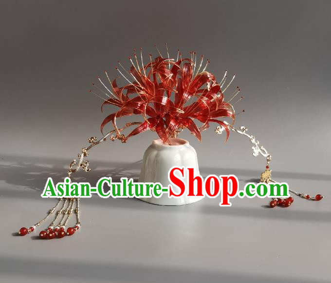 China Traditional Red Spider Lily Hair Crown Ancient Palace Princess Tassel Hairpin