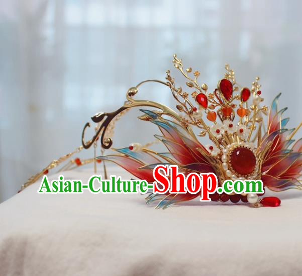 China Ancient Ming Dynasty Bride Hairpin Traditional Wedding Red Phoenix Tassel Hair Crown