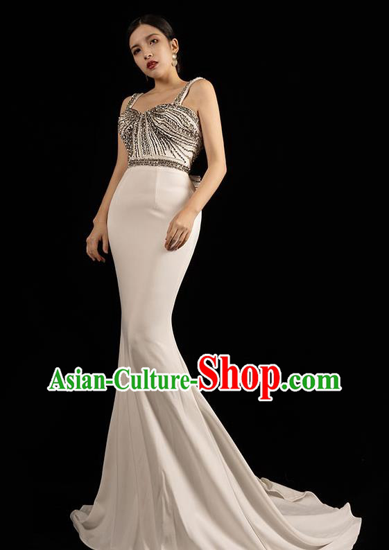 Top Grade Annual Meeting Clothing Stage Show Embroidery Beads White Full Dress Catwalks Trailing Dress