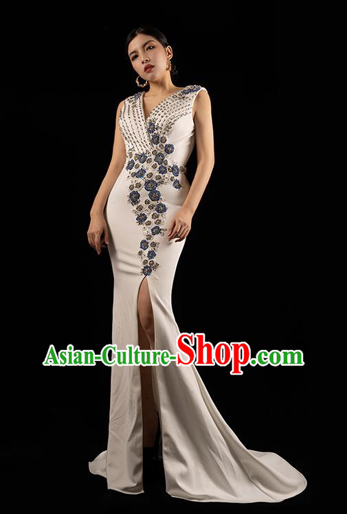 Top Grade Stage Show Embroidery Beads White Dress Catwalks Trailing Dress Annual Meeting Clothing