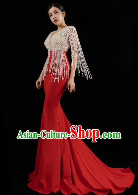 Top Grade Stage Show Beads Tassel Full Dress Annual Meeting Clothing Catwalks Compere Red Trailing Dress