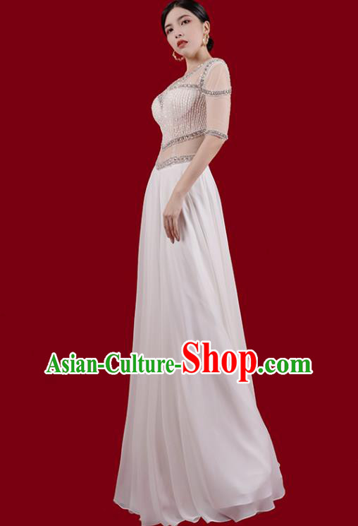 Top Grade Catwalks Embroidered Beads Full Dress Stage Show White Slim Dress Annual Meeting Clothing