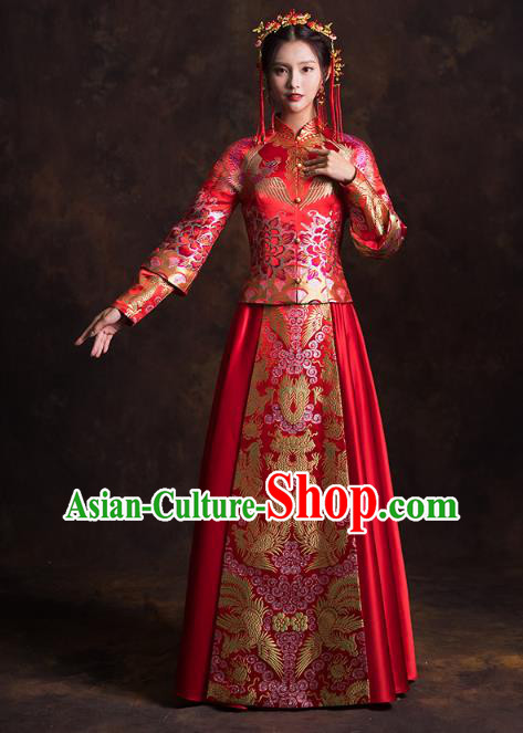 China Traditional Wedding Bride Costumes Classical Xiuhe Suits Red Brocade Mandarin Jacket and Dress