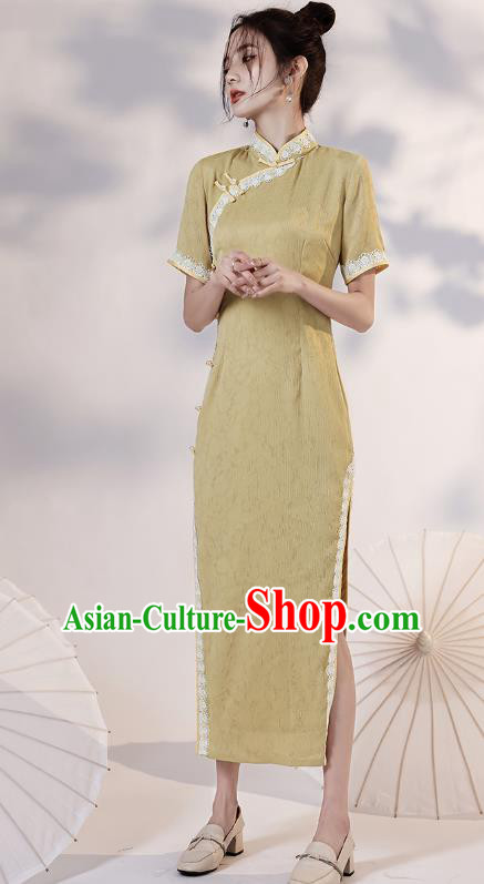China Traditional Young Lady Yellow Qipao Dress National Modern Dance Lace Cheongsam