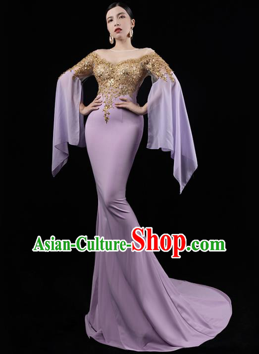 Top Grade Annual Meeting Lilac Trailing Dress Catwalk Performance Clothing Compere Full Dress