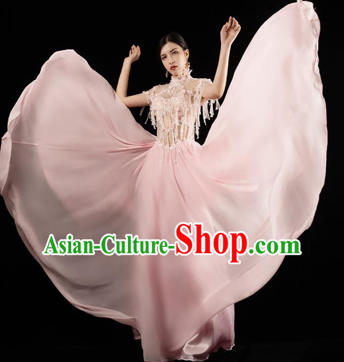Top Grade Catwalk Pink Beads Tassel Dress Annual Meeting Performance Clothing Compere Full Dress