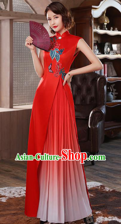 Chinese Classical Dance Cheongsam Stage Show Embroidery Peony Red Satin Qipao Dress Catwalks Costume