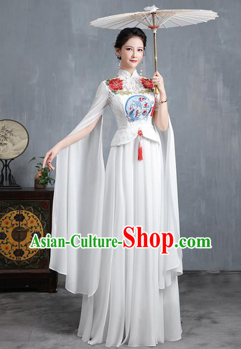 Chinese Modern Dance Costume Stage Show Qipao Dress Embroidered White Lace Cheongsam