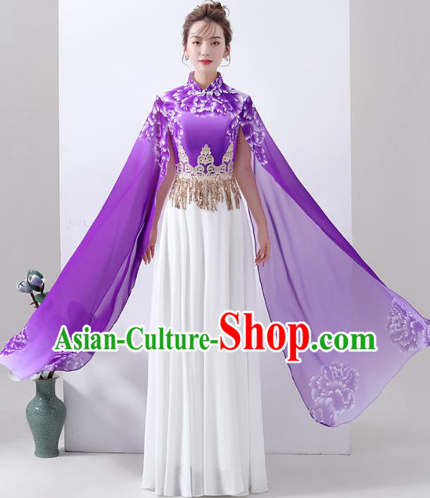 Chinese Classical Dance Cheongsam Chorus Performance Costume Printing Peony Purple Qipao Dress