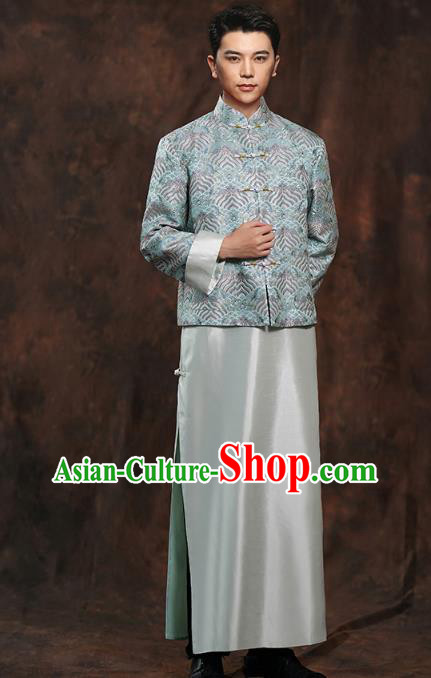 Chinese Ancient Bridegroom Clothing Traditional Wedding Costumes Blue Mandarin Jacket and Long Robe