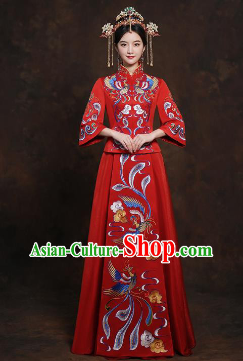 China Classical Bride Costumes Toast Embroidered Dress Traditional Wedding Red Xiuhe Suits
