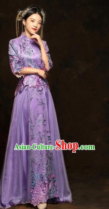 China Classical Bride Costumes Traditional Toast Embroidered Purple Dress Wedding Xiuhe Suits