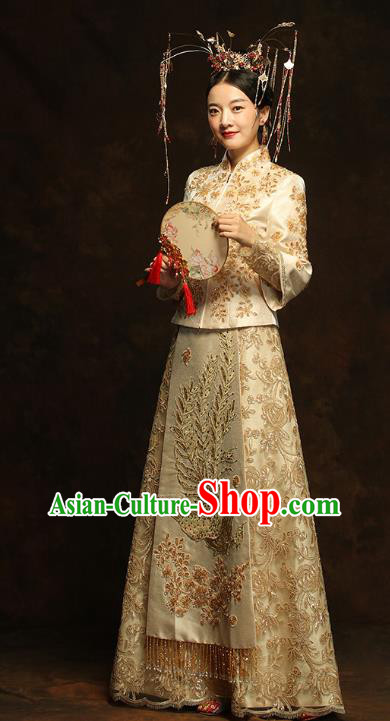 China Traditional Bride Costumes Wedding Toast Dress Classical Embroidered Phoenix Golden Xiuhe Suits