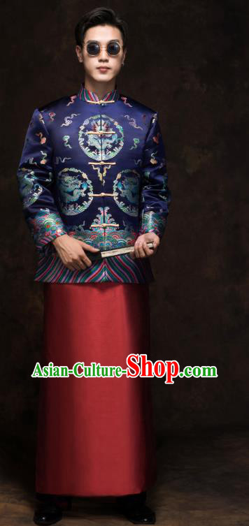 Chinese Wedding Bridegroom Tang Suit Costumes Traditional Deep Blue Mandarin Jacket and Red Long Robe