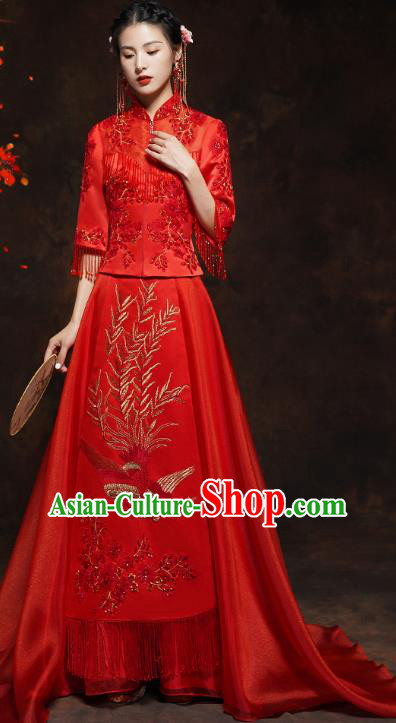 China Traditional Bride Xiuhe Suit Costumes Wedding Toast Trailing Dress Classical Embroidered Blouse and Skirt