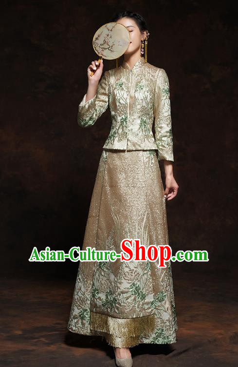 China Classical Wedding Bride Toast Dress Embroidered Golden Blouse and Skirt Traditional Xiuhe Suit Costumes