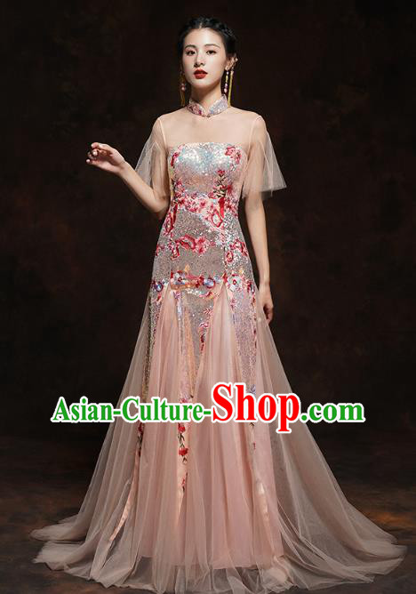 Chinese Traditional Wedding Bride Champagne Veil Cheongsam Clothing Classical Embroidered Sequins Toast Dress