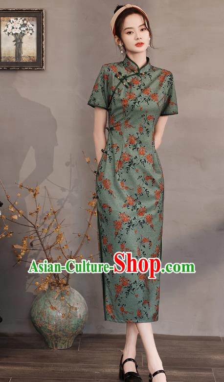 China Traditional Printing Green Qipao Dress National Stage Performance Cheongsam