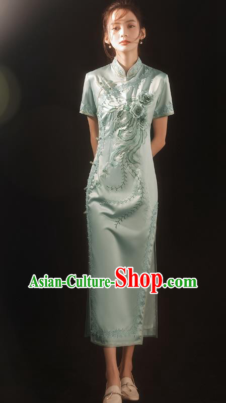 China Traditional Embroidered Qipao Dress National Stage Performance Light Green Cheongsam