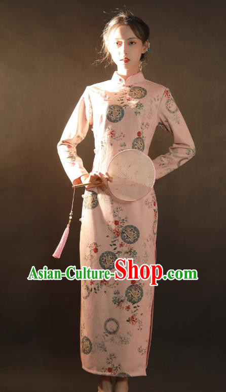 China Traditional Stage Performance Qipao Dress National Classical Dance Pink Suede Fabric Cheongsam