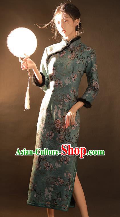 China Traditional Printing Green Woolen Qipao Dress National Winter Classical Dance Cheongsam