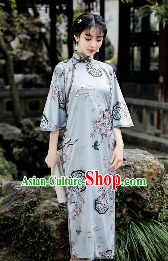 Republic of China Traditional Printing Light Green Qipao Dress National Young Woman Cheongsam