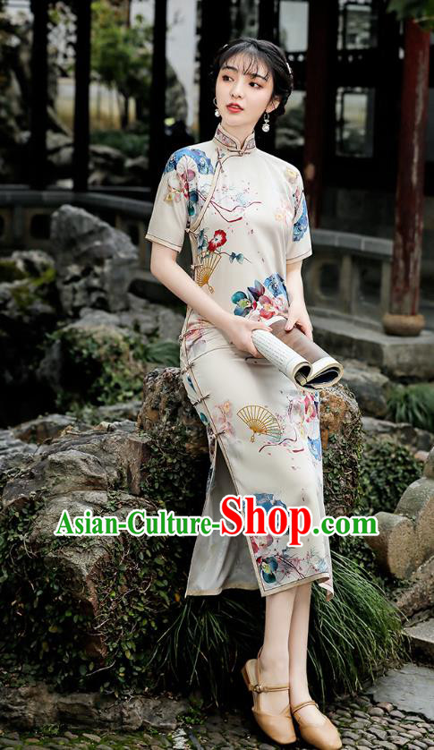 Republic of China Traditional Stand Collar Qipao Dress National Young Lady Printing Fan Cheongsam