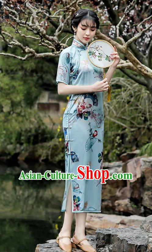 Republic of China Traditional Printing Blue Qipao Dress National Young Lady Stand Collar Cheongsam