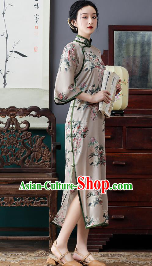 Republic of China National Printing Silk Cheongsam Traditional Shanghai Young Woman Wide Sleeve Qipao Dress