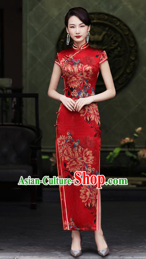 China National Bride Red Silk Cheongsam Traditional Wedding Printing Flowers Qipao Dress
