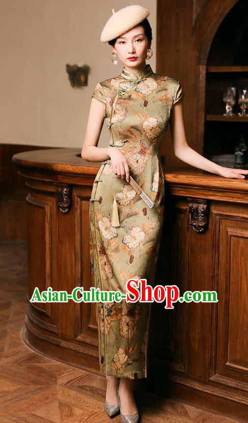 China Classical Shanghai Young Lady Cheongsam Traditional Minguo Printing Olive Green Silk Qipao Dress