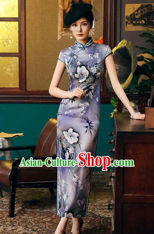 China Classical Printing Flowers Violet Cheongsam Traditional Minguo Shanghai Young Beauty Qipao Dress