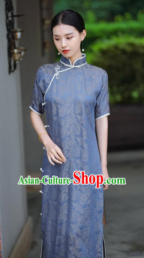 Republic of China Classical Shanghai Beauty Qipao Dress Traditional Minguo Blue Silk Cheongsam