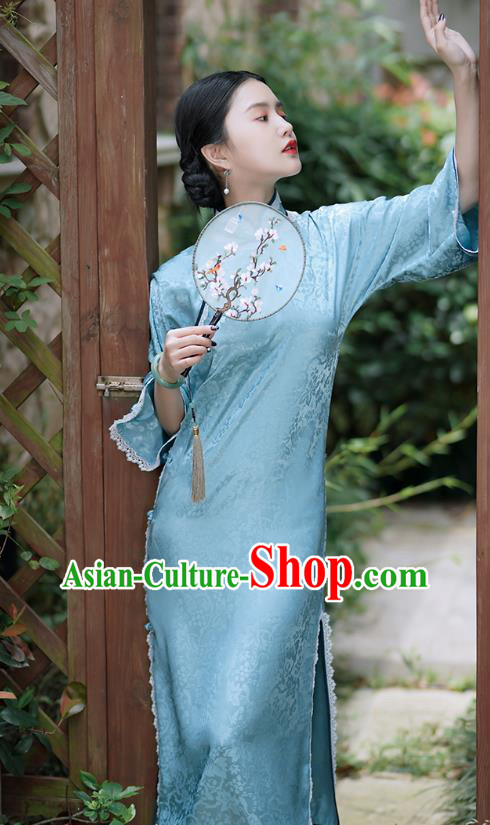 Republic of China Classical Mandarin Sleeve Blue Silk Qipao Dress Traditional Minguo Young Lady Cheongsam