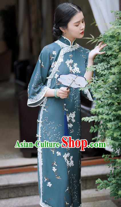 Republic of China Classical Printing Blue Qipao Dress Traditional Minguo Young Lady Mandarin Sleeve Cheongsam