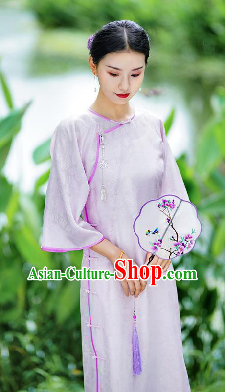 Republic of China Classical Slant Opening Qipao Dress Traditional Minguo Shanghai Young Lady Lilac Cheongsam