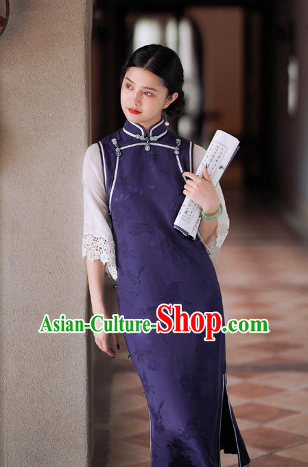 Republic of China Classical Navy Silk Qipao Dress Traditional Minguo Shanghai Young Lace Mandarin Sleeve Cheongsam