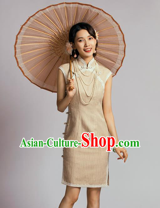 China Classical Dance Cheongsam Traditional Young Lady Apricot Short Qipao Dress