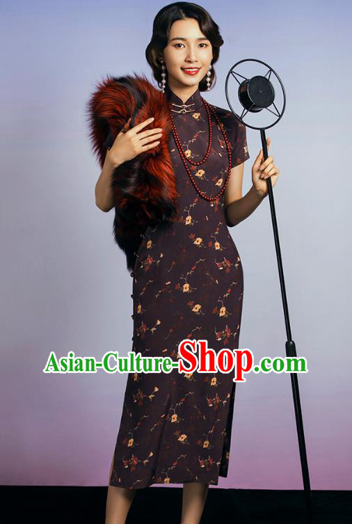 China Classical Deep Brown Silk Cheongsam Traditional Minguo Old Shanghai Singer Qipao Dress