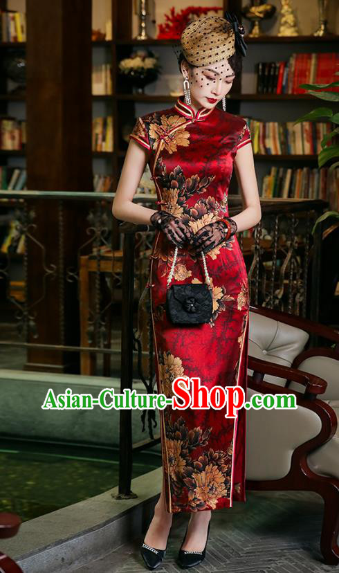 China National Wedding Mother Red Silk Cheongsam Traditional Woman Printing Peony Qipao Dress
