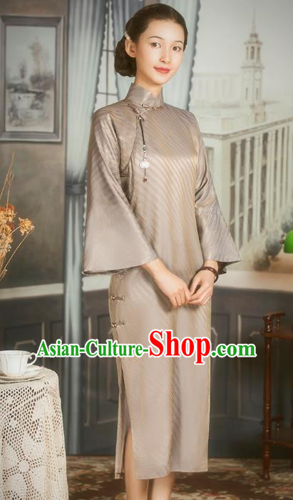 China Classical Wide Sleeve Cheongsam Traditional Minguo Shanghai Woman Light Brown Silk Qipao Dress