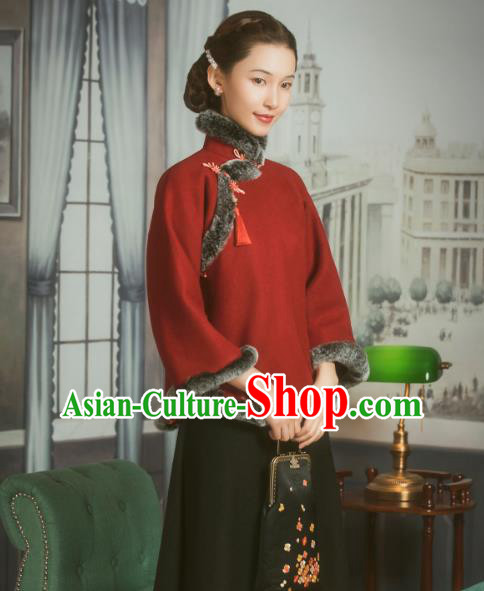 Chinese National Winter Clothing Red Woolen Jacket Tang Suit Overcoat Outer Garment