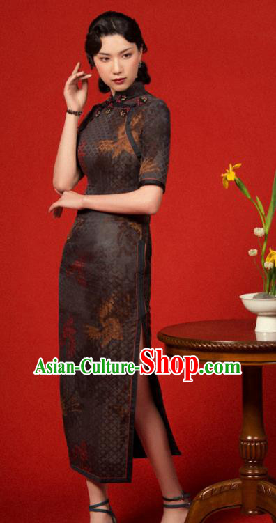 China Classical Gambiered Guangdong Gauze Cheongsam Traditional Minguo Shanghai Woman Deep Brown Silk Qipao Dress